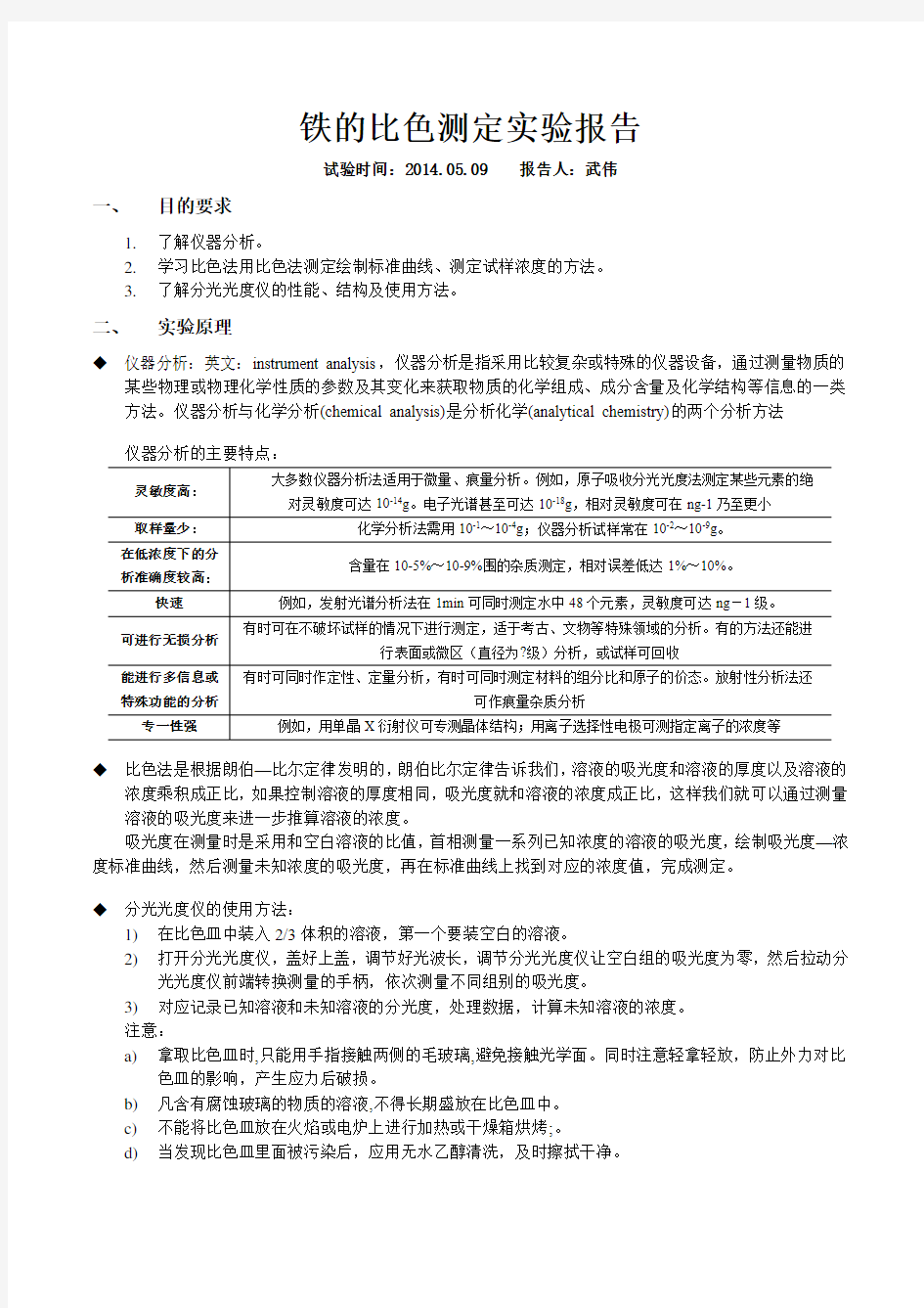 铁的比色测定实验报告