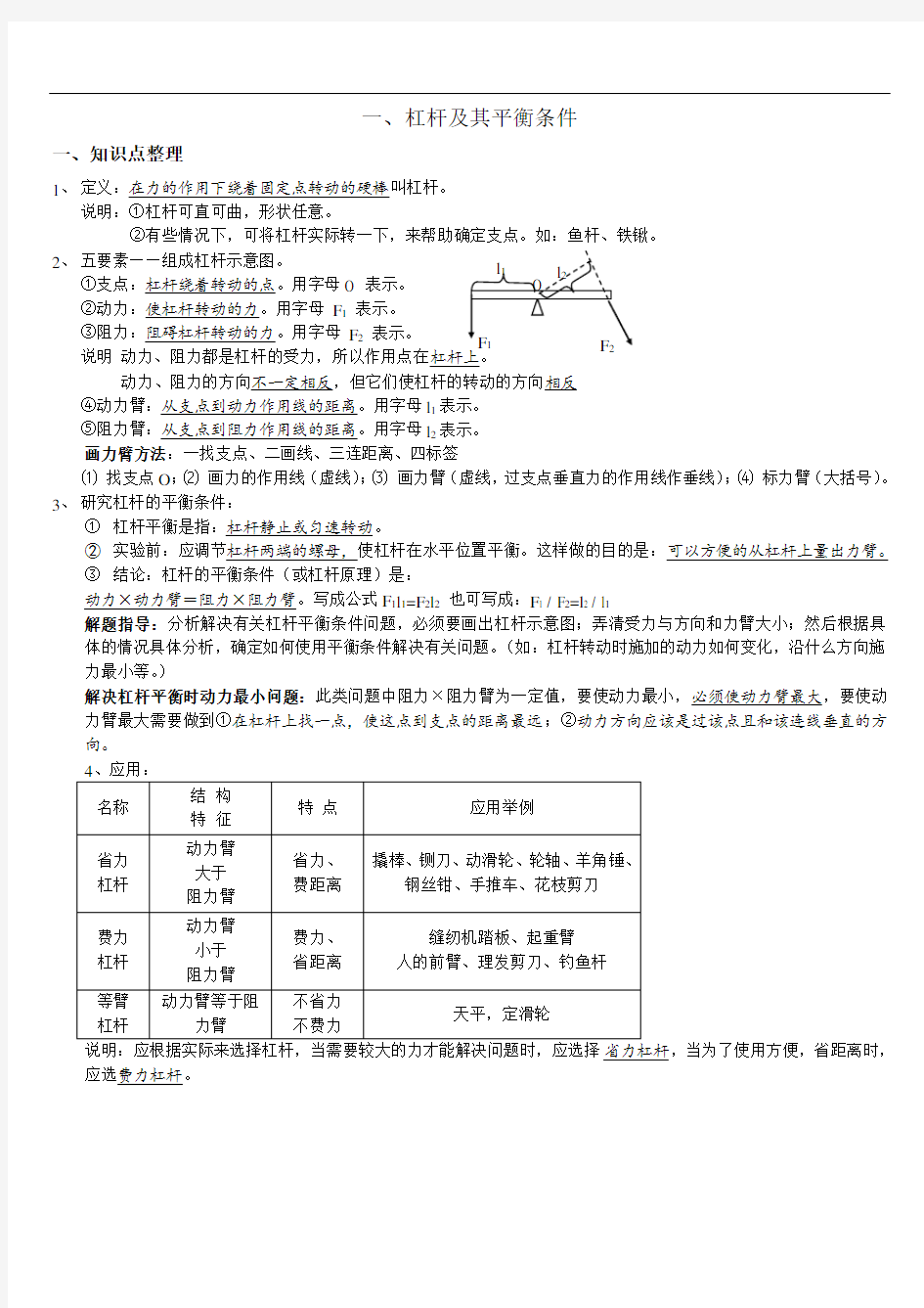 杠杆及其平衡条件知识点及同步练习