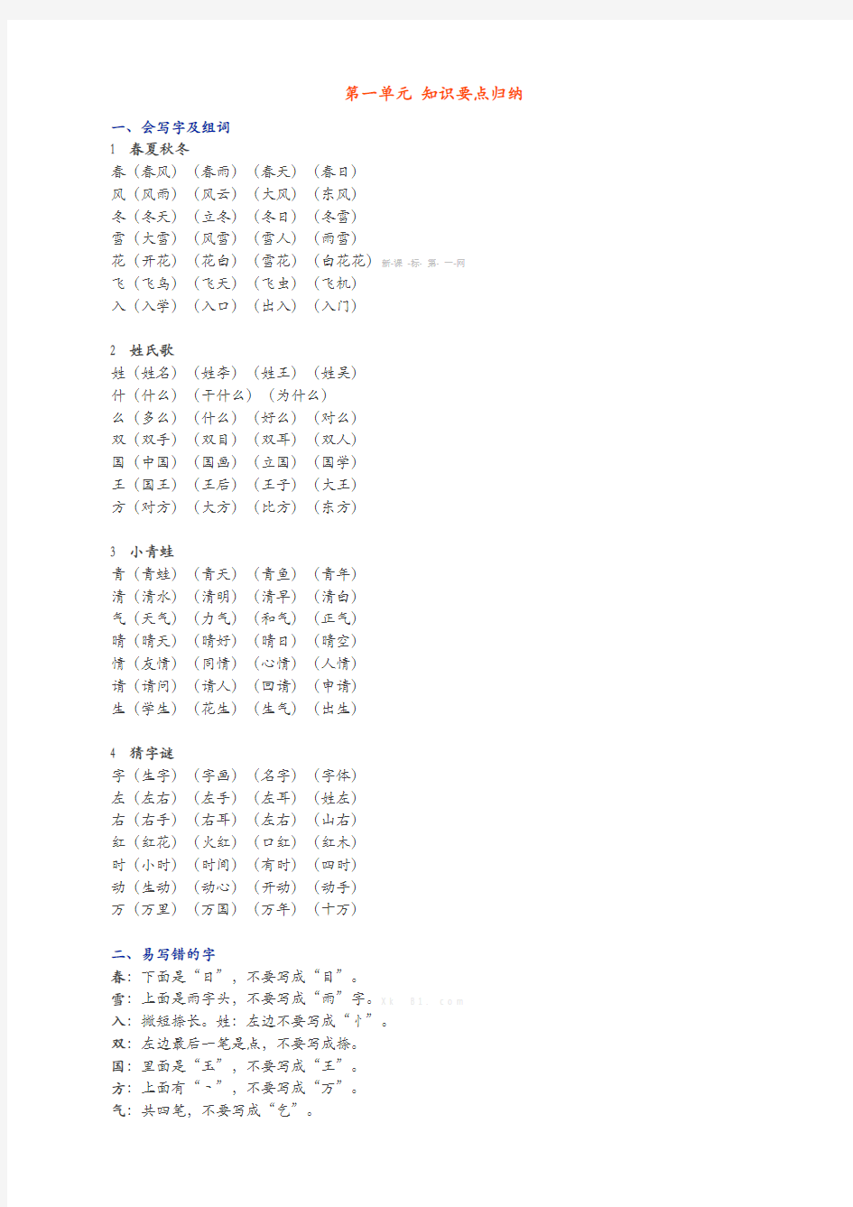 一年级语文第一单元 知识要点归纳