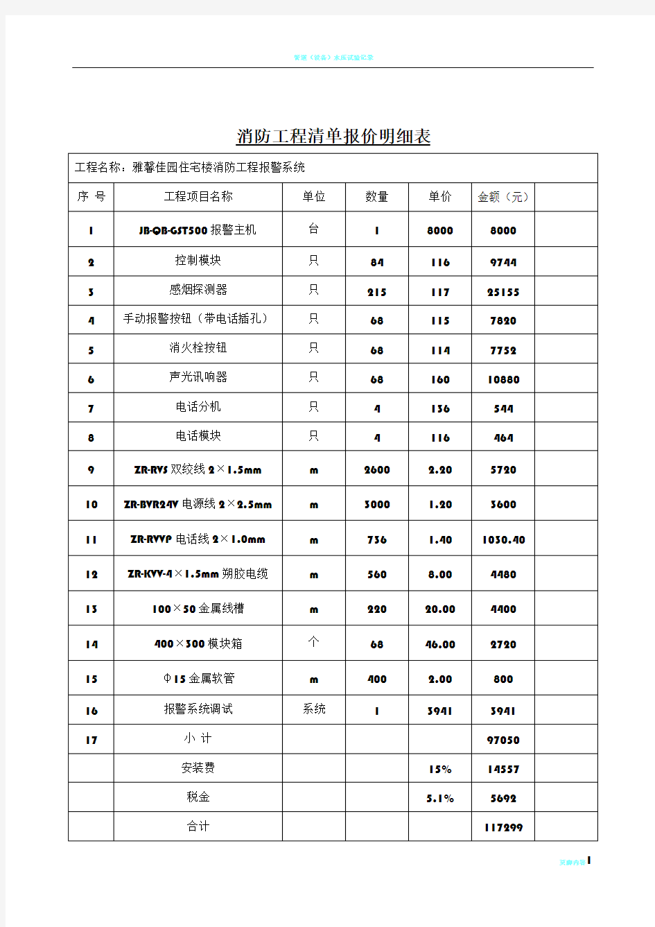 消防工程清单报价明细表