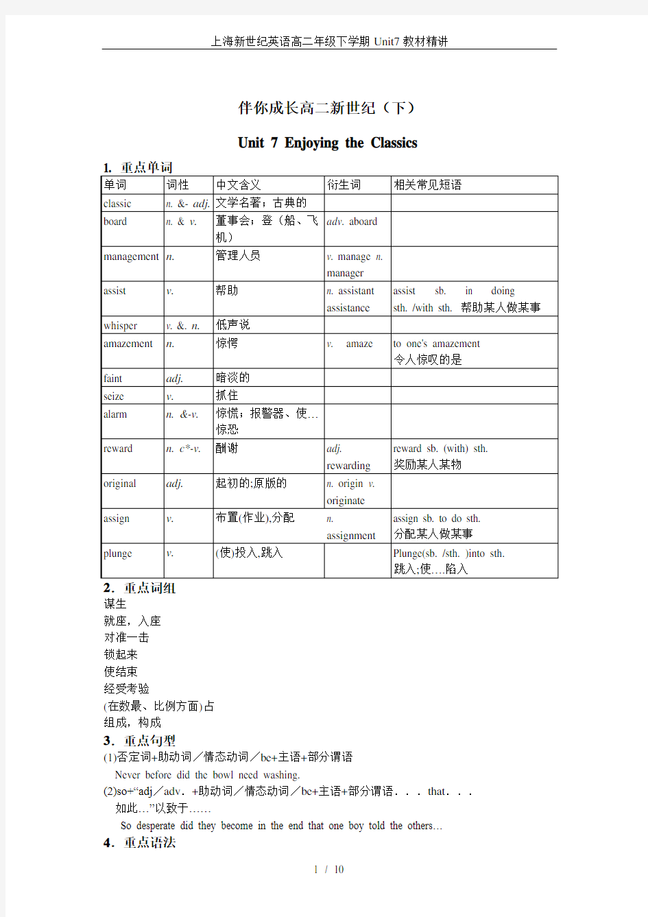 上海新世纪英语高二年级下学期Unit7教材精讲