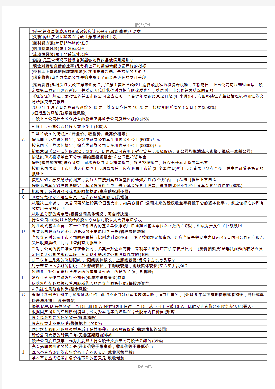 2020年电大证券投资学重要知识点(单选)