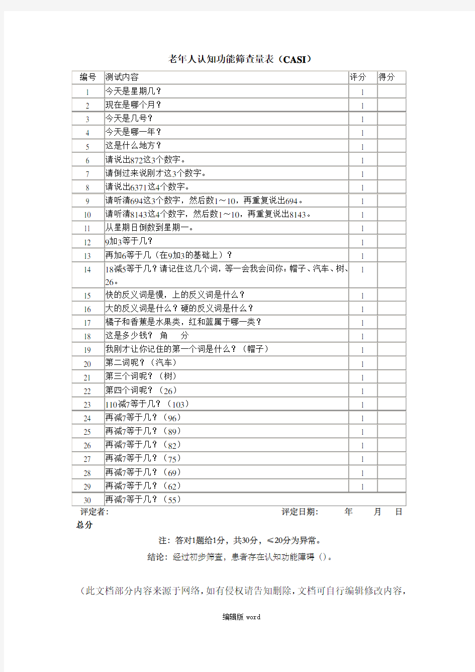 老年人认知功能筛查量表(CASI)