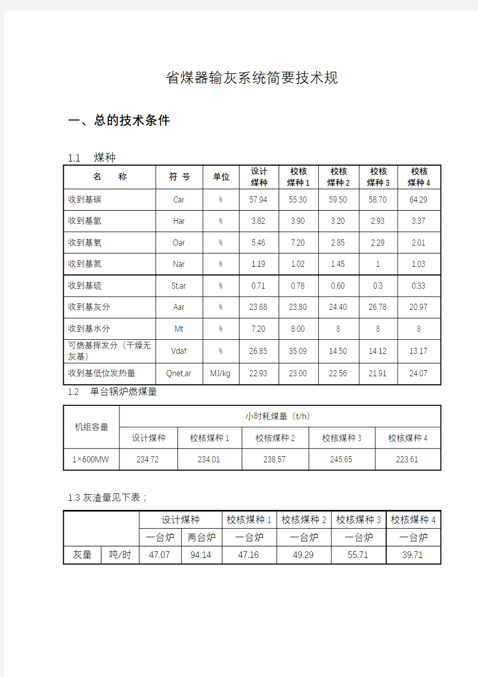 省煤器输灰系统简要技术规范