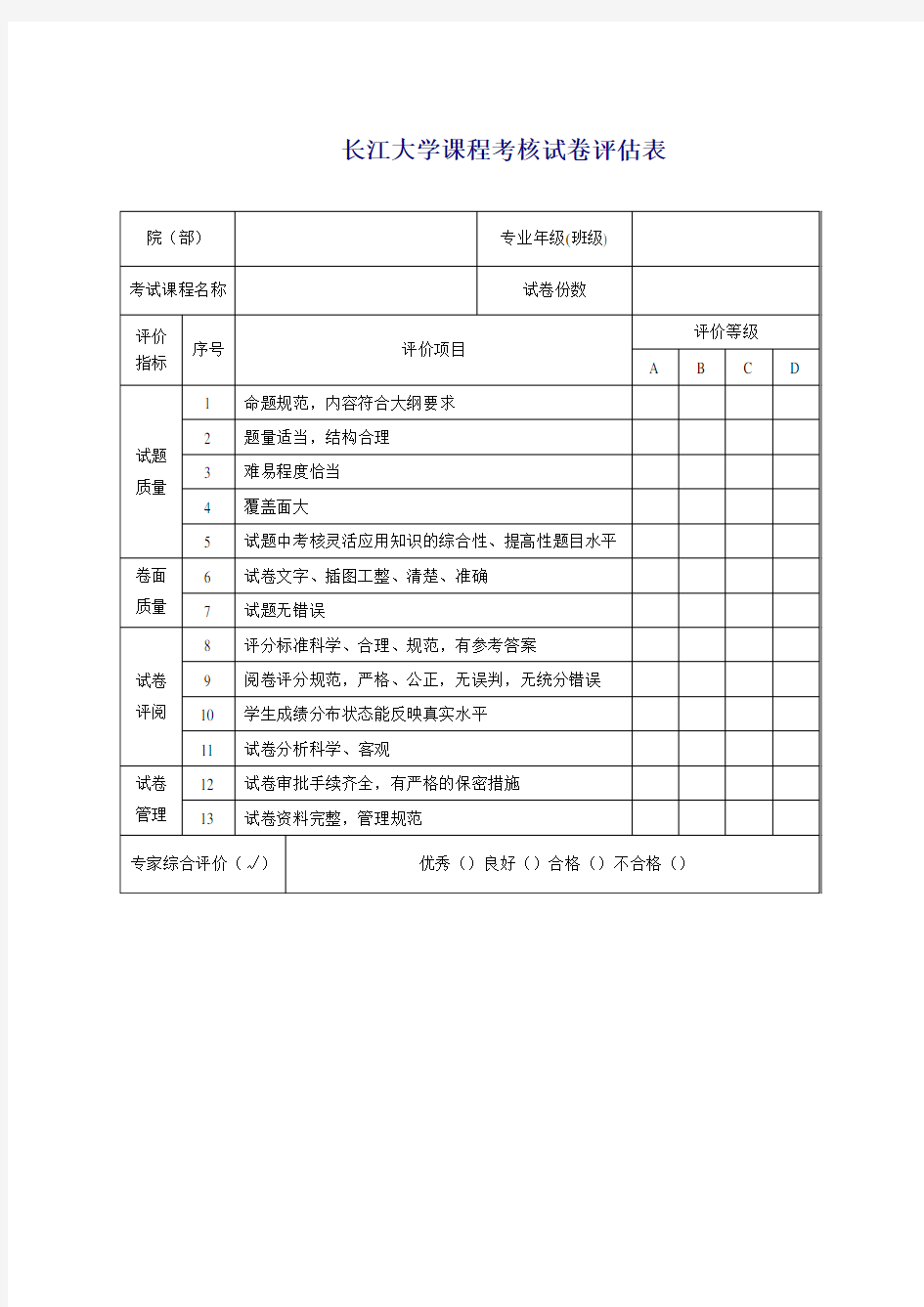 长江大学课程考核试卷评估表