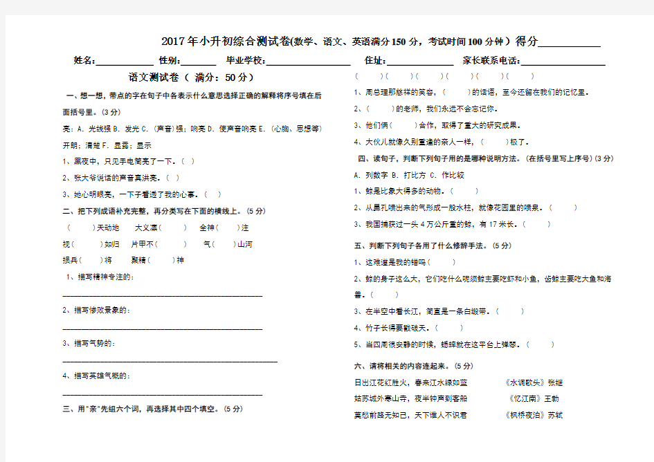 人教版小升初语文试卷及答案