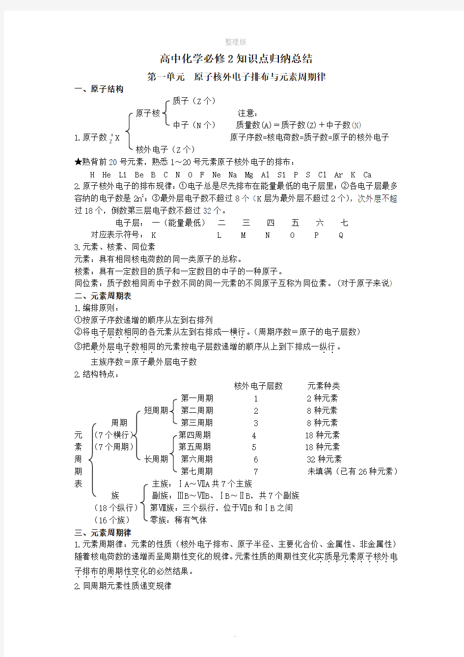 人教版化学必修2知识点归纳总结