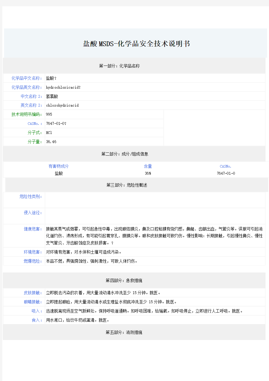 盐酸MSDS安全技术说明书