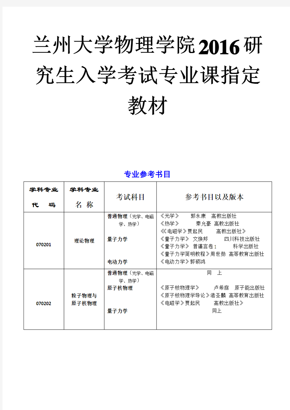 兰州大学物理系考研参考书