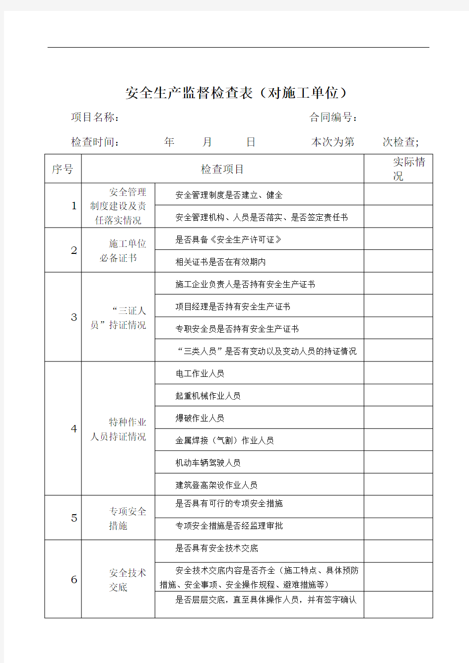 安全生产监督检查表(新版本)