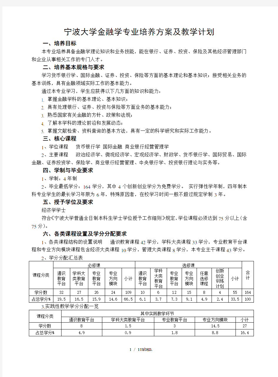 宁波大学金融学专业培养方案及教学计划(09.9).(优选)