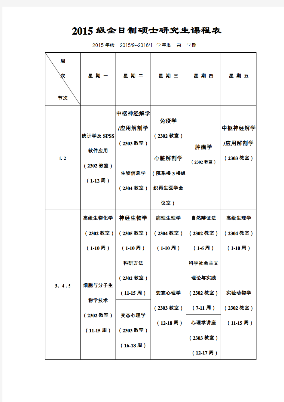 2015级全日制硕士研究生课程表