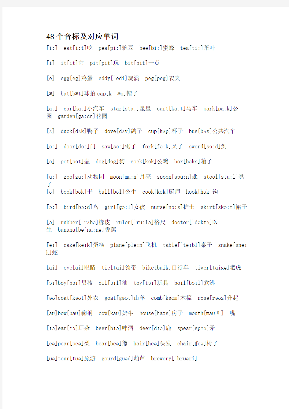 48个音标及对应单词