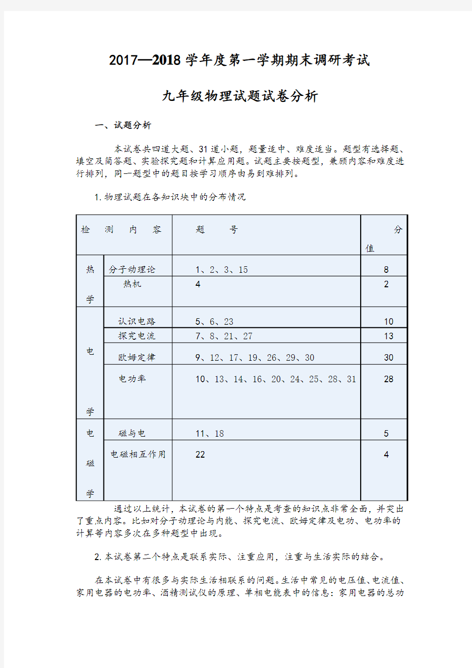 2017─2018学年度第一学期期末调研考试九年级物理试题试卷分析