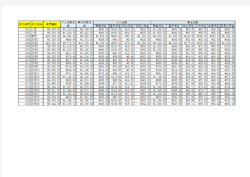 五险一金计算表