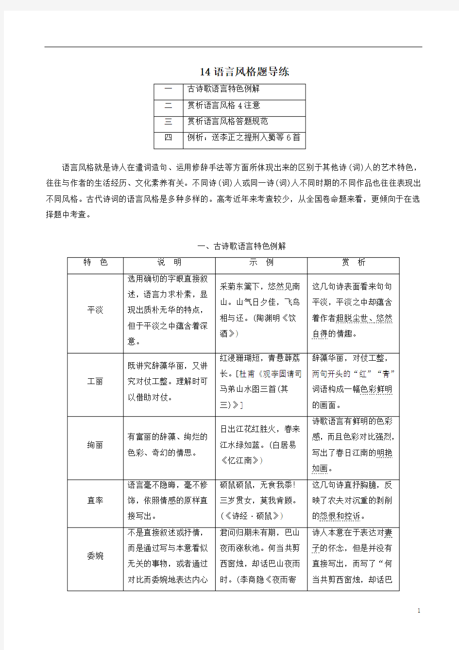  语言风格题导练-备战高考语文古代诗歌解题秘诀及训练