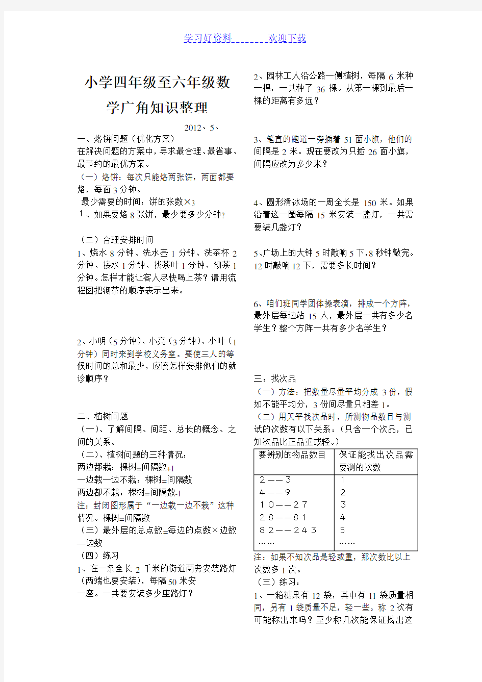 小学四年级至六年级数学广角知识整理