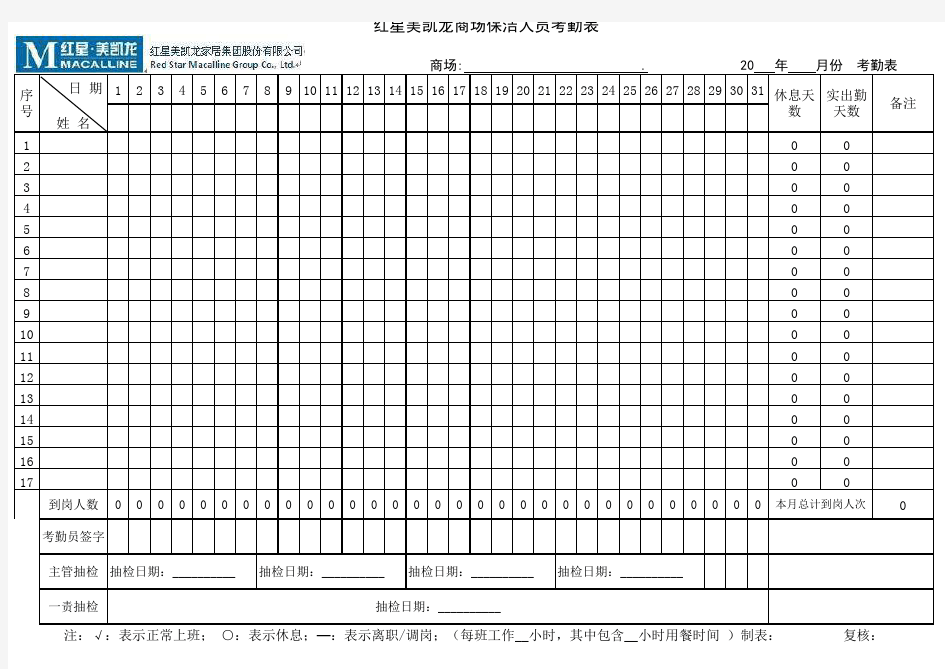 红星美凯龙保洁人员签到表