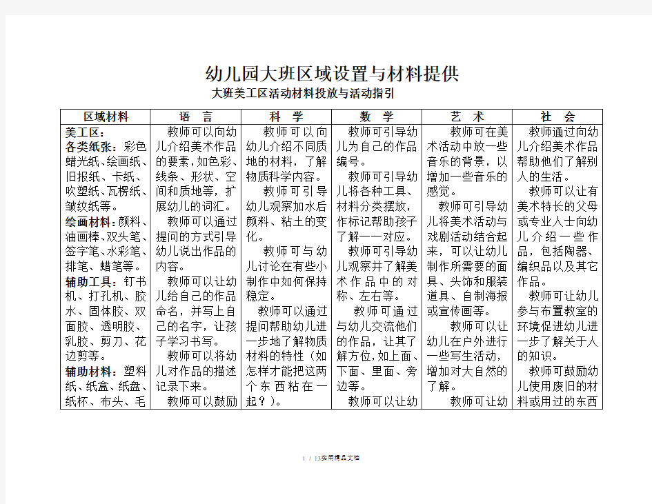 大班科学区活动材料投放与活动指引