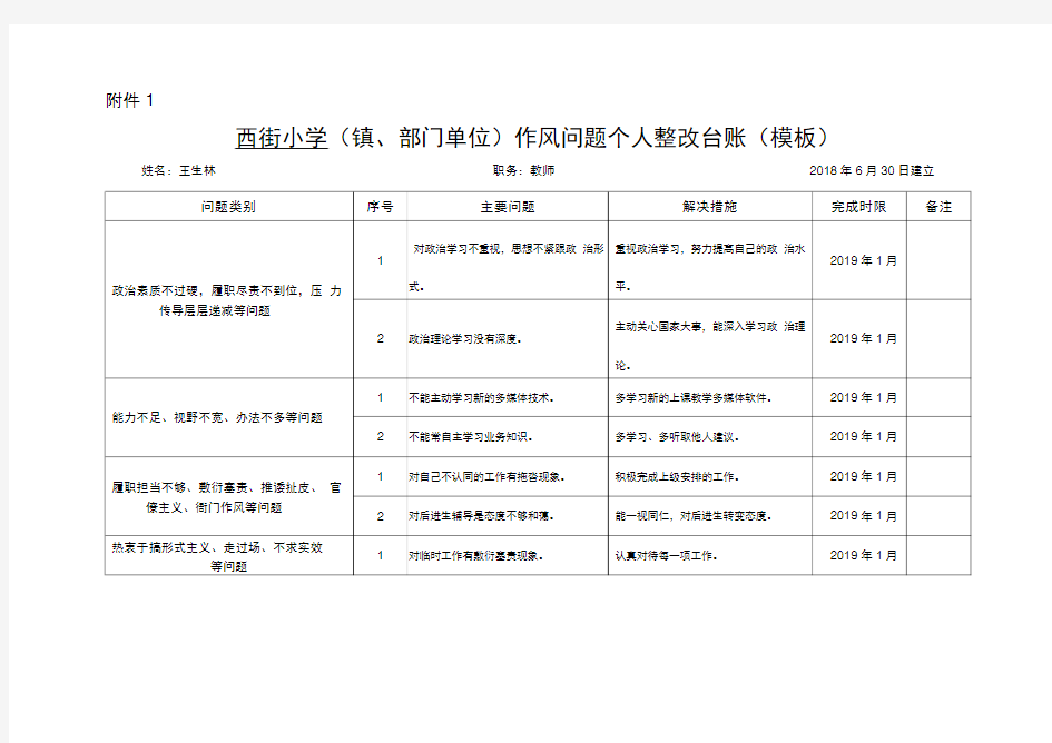 教师作风问题整改台帐