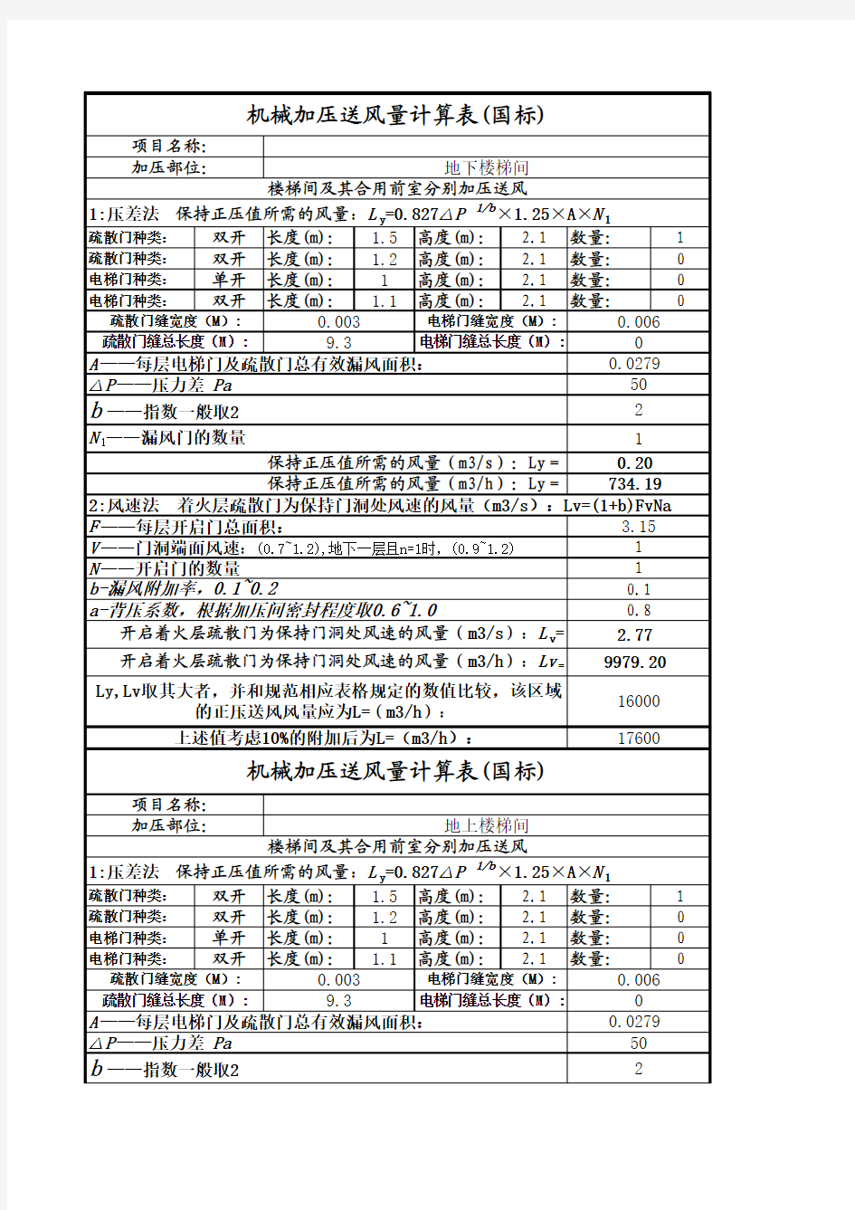 加压送风计算书