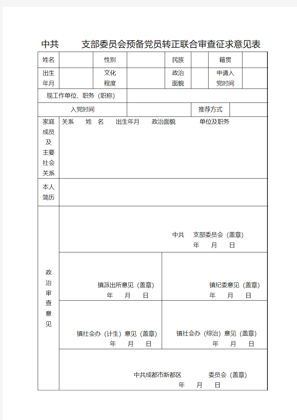 预备党员转正联合审查征求意见表(样表)