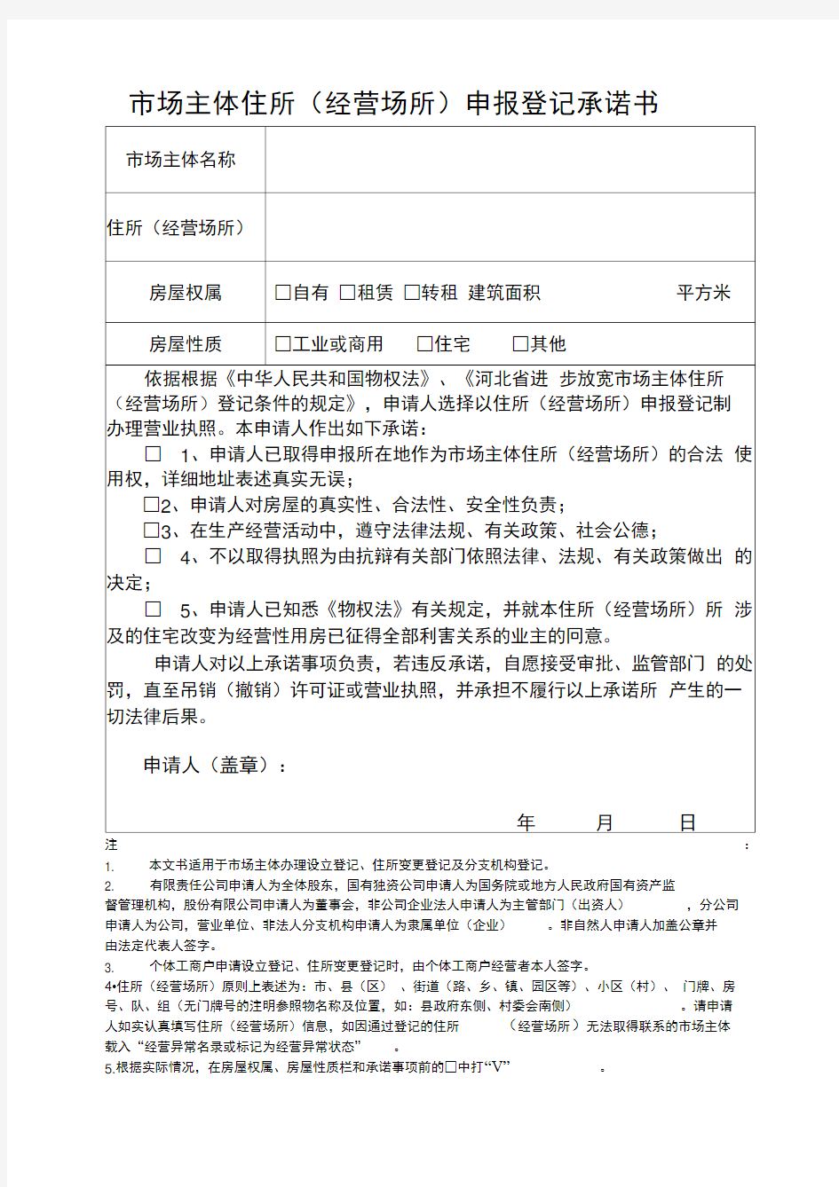 (完整版)市场主体住所(经营场所)申报登记承诺书