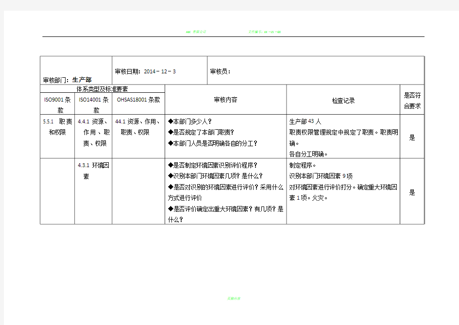 质量体系内审检查表(生产部)