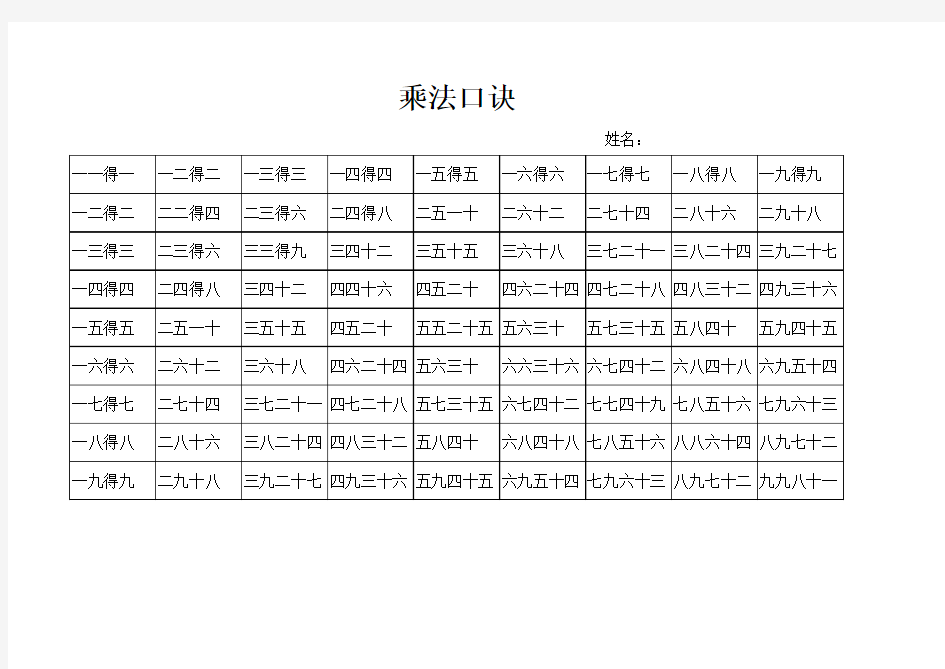 九九乘法表可直接打印