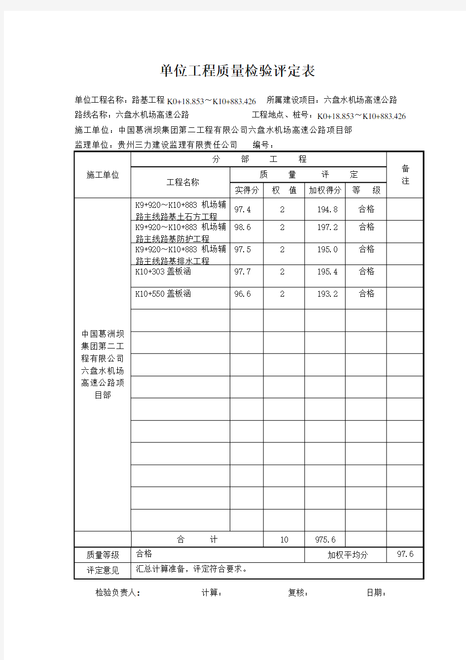 机场辅道主线路基单位工程评定 