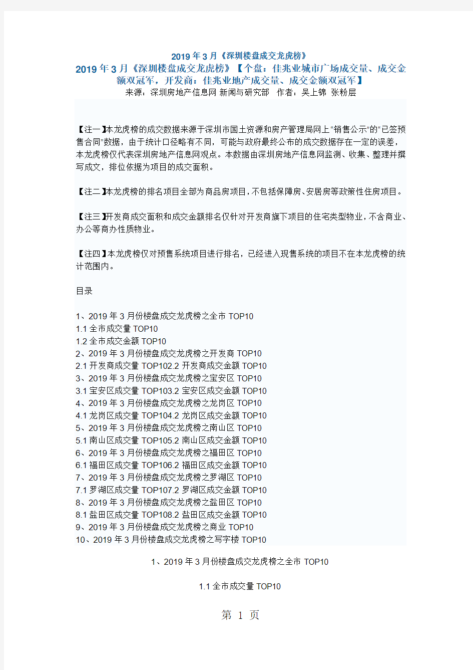 2019年3月《深圳楼盘成交龙虎榜》共13页