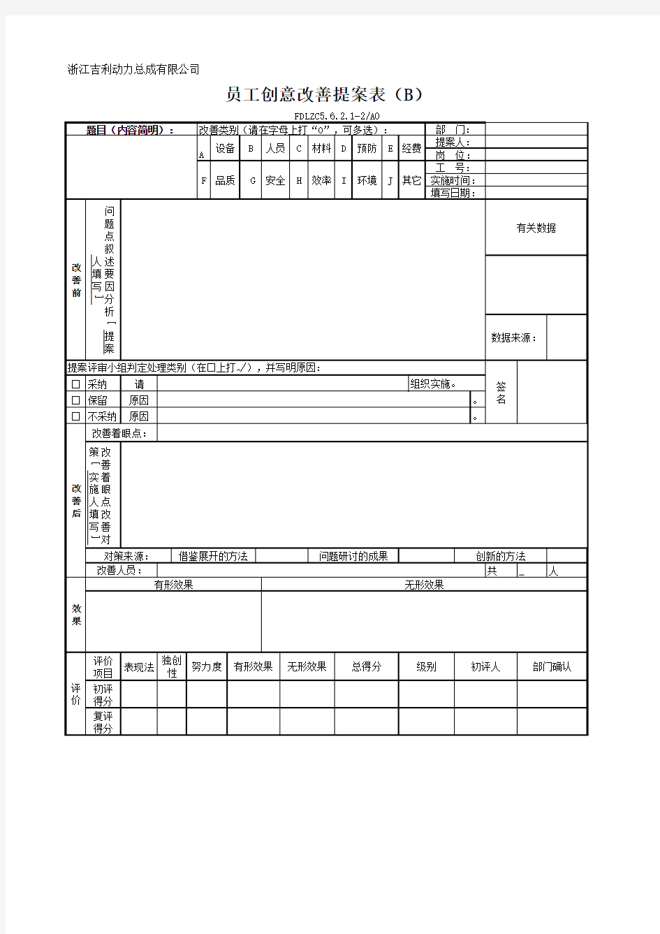 员工创意改善提案表B