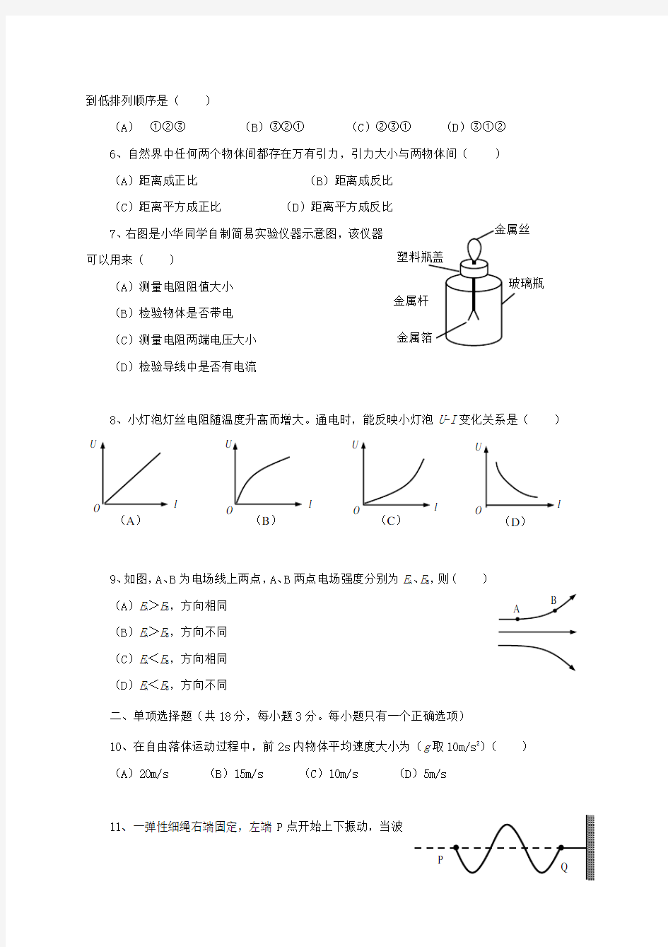 2015年上海普通高中会考物理真题