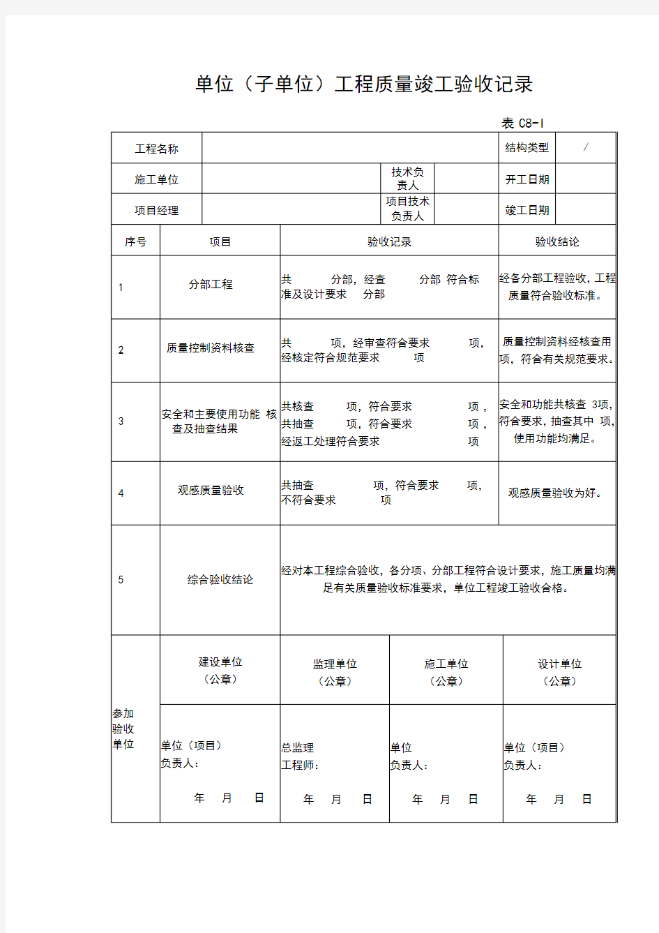 单位(子单位)工程质量竣工验收记录