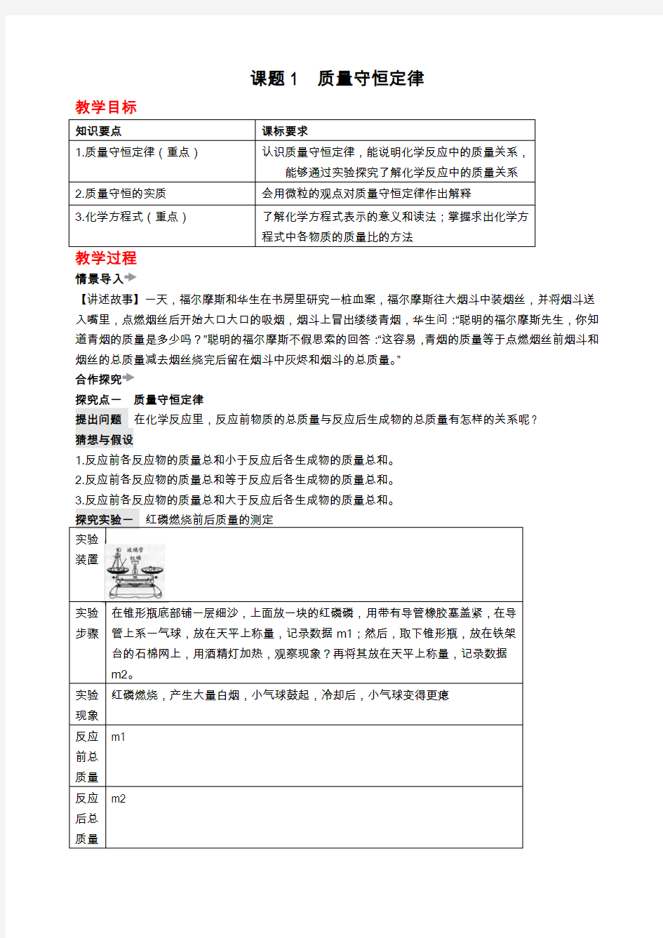 课题1 质量守恒定律教案