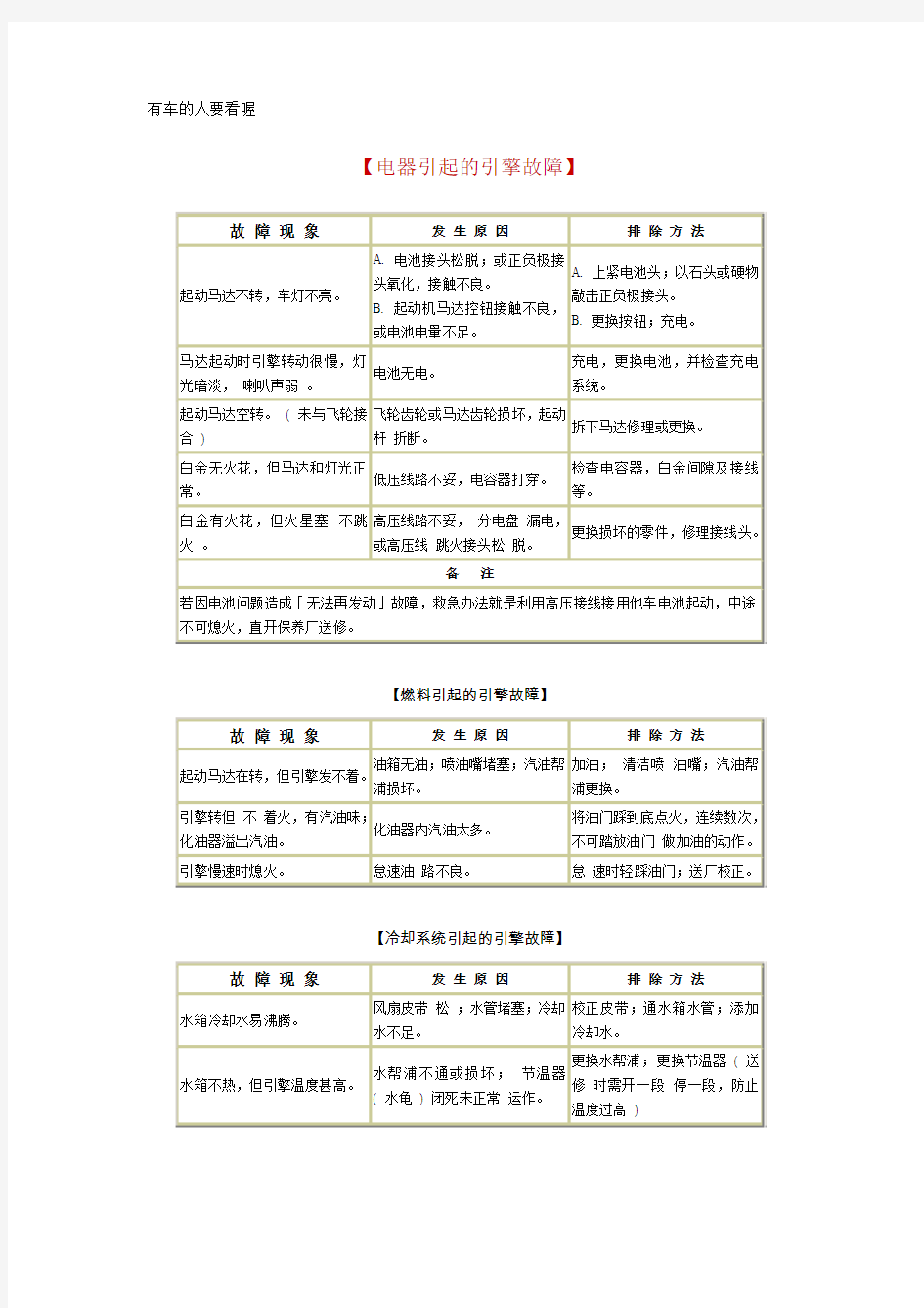 汽车常见故障、发生原因及排除方法