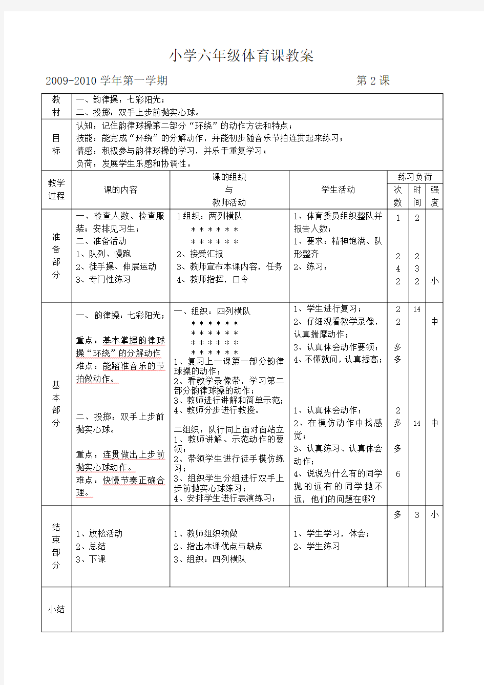 小学六年级体育课教案