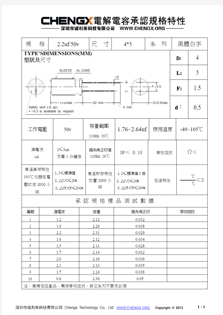 电解电容规格书2.2UF50V-4X5