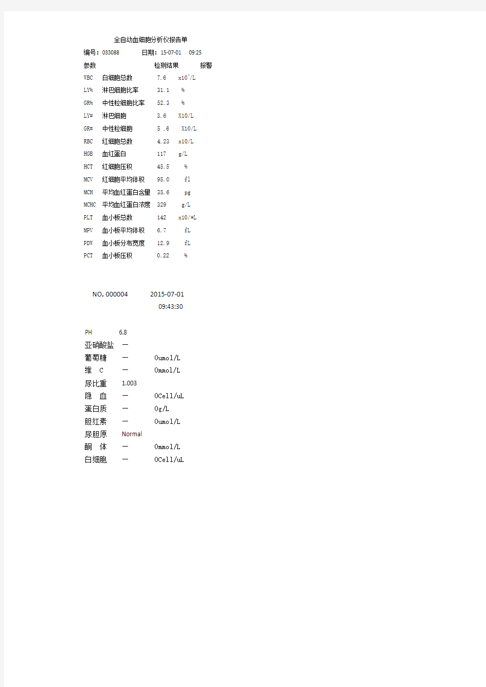 全自动血细胞分析仪报告单