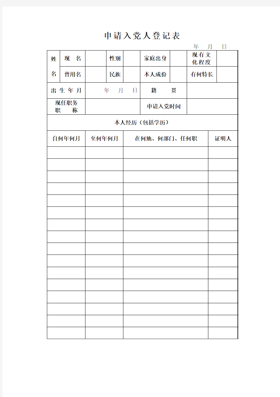 入党申请人登记表范本