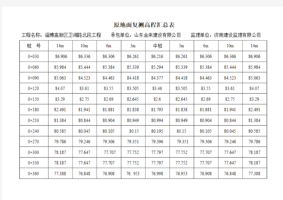 原地面复测高程汇总表