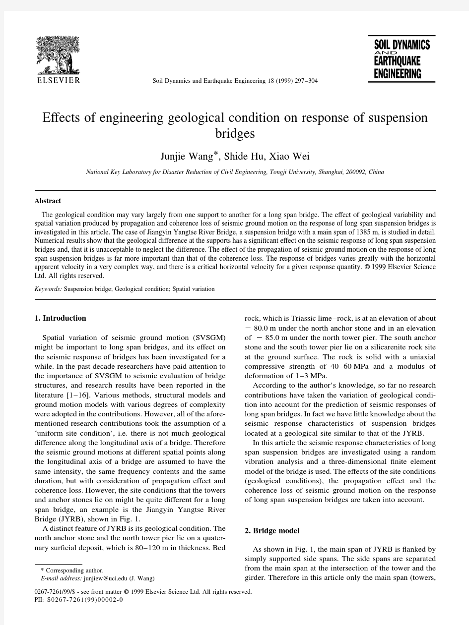 Effects of engineering geological condition on response of suspension bridges