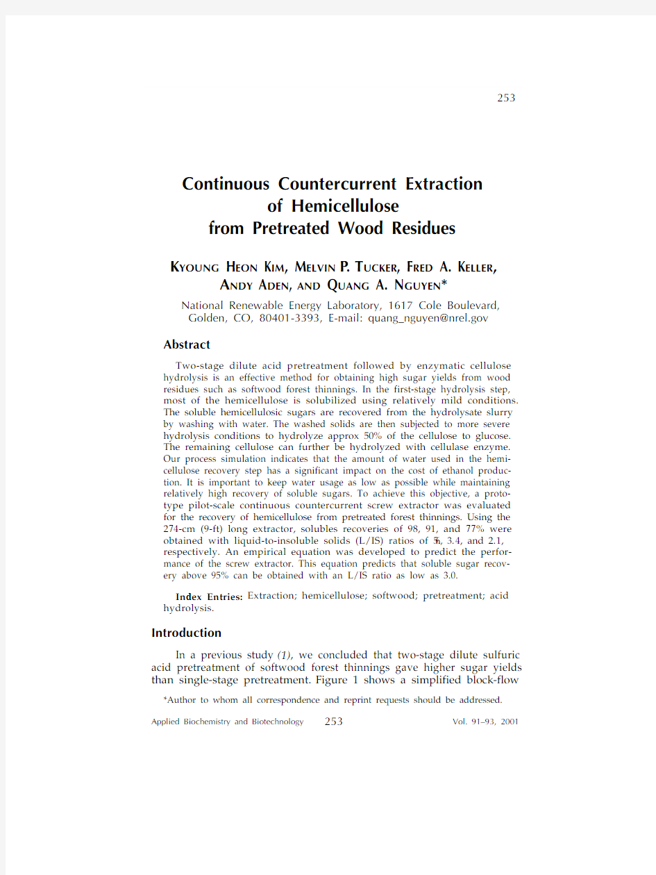 Continuous Countercurrent Extraction of Hemicellulose from Pretreated Wood Residues