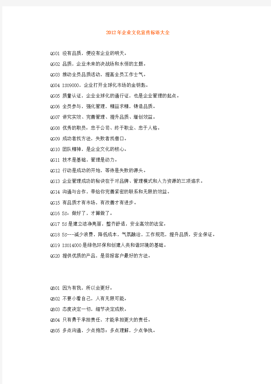 2012年企业文化宣传标语大全