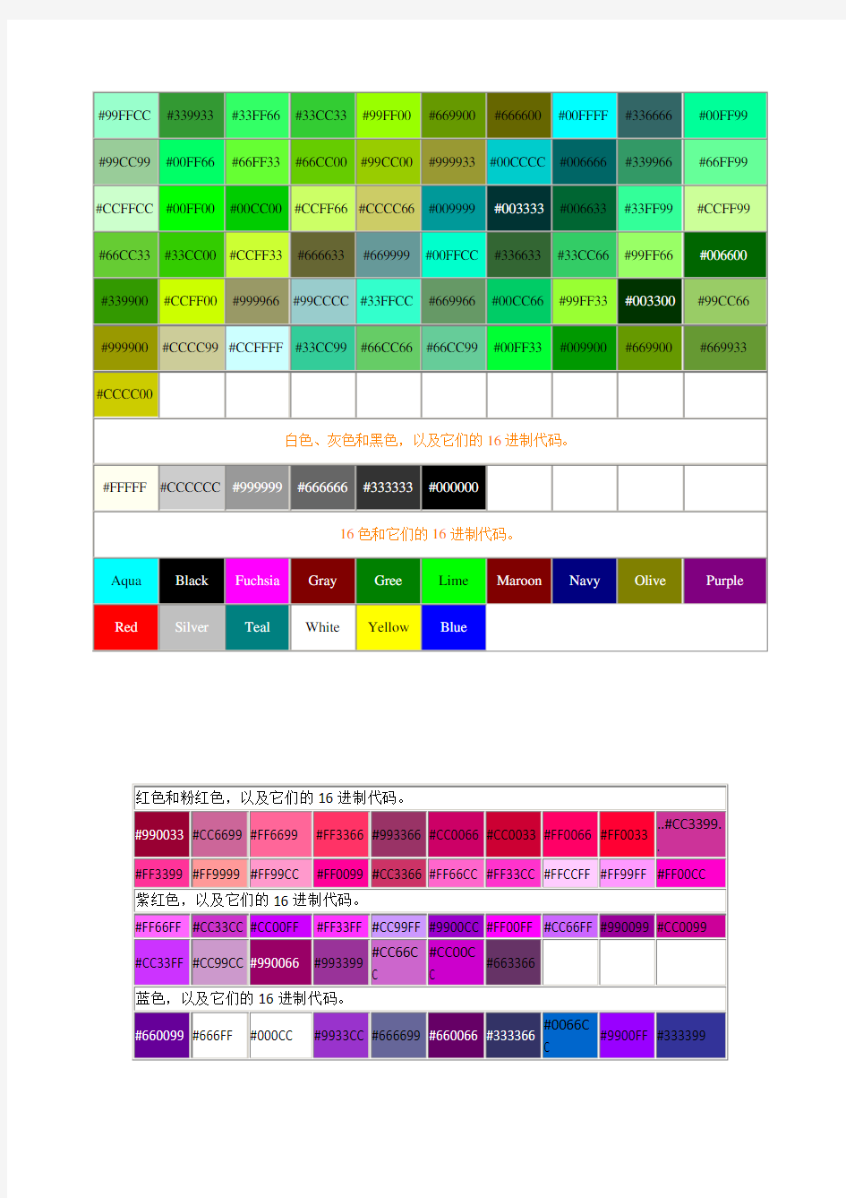 16进制颜色代码表