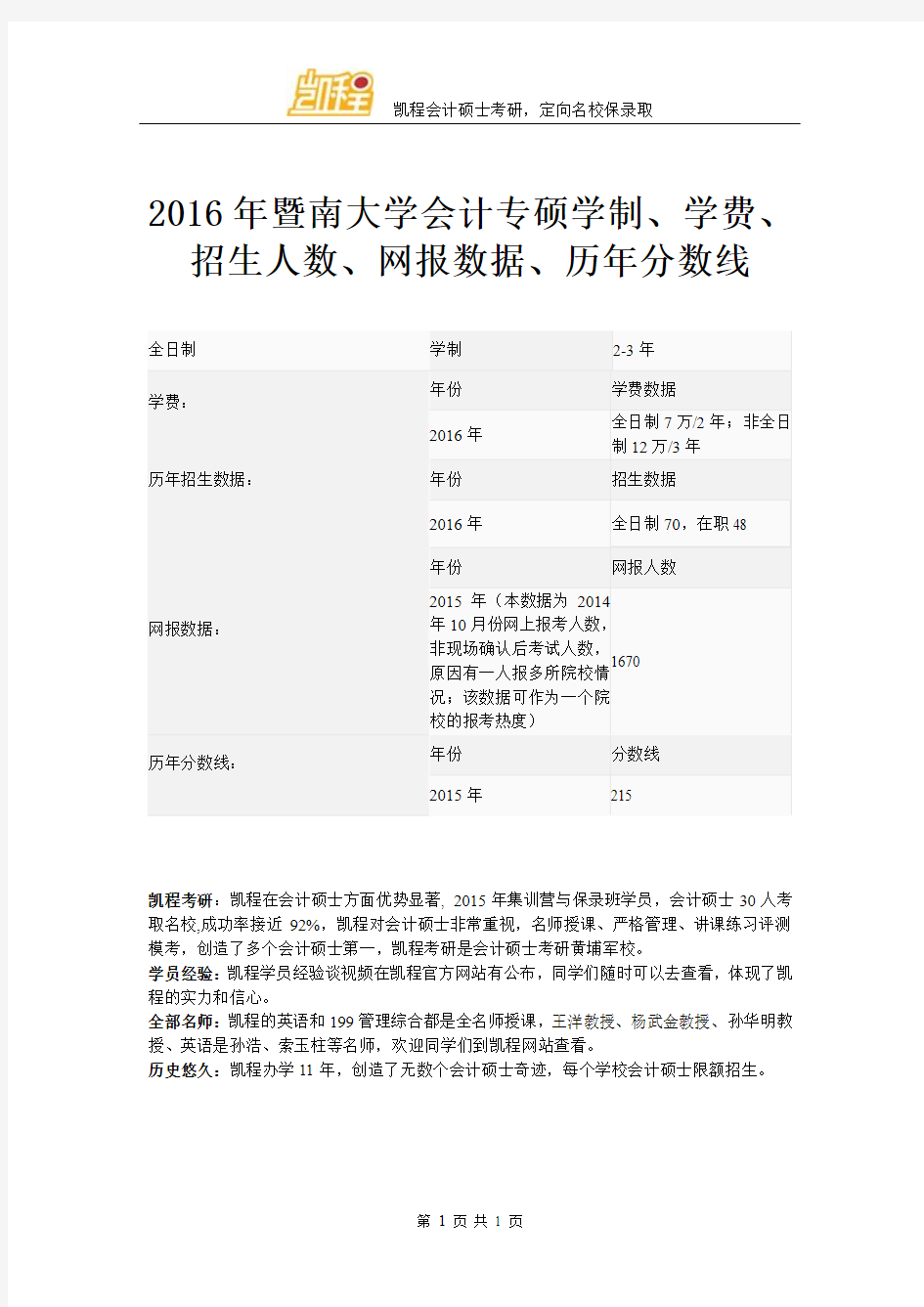 2016年暨南大学会计专硕学制、学费、招生人数、网报数据、历年分数线