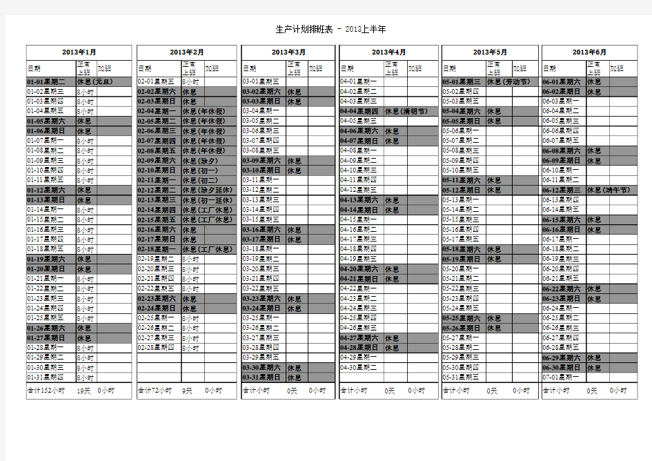 生产计划排班表(2013)