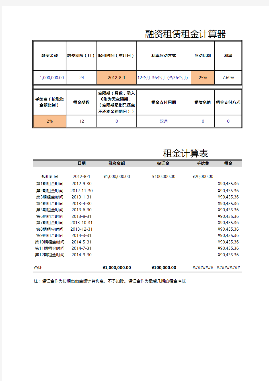 融资租赁租金计算模板