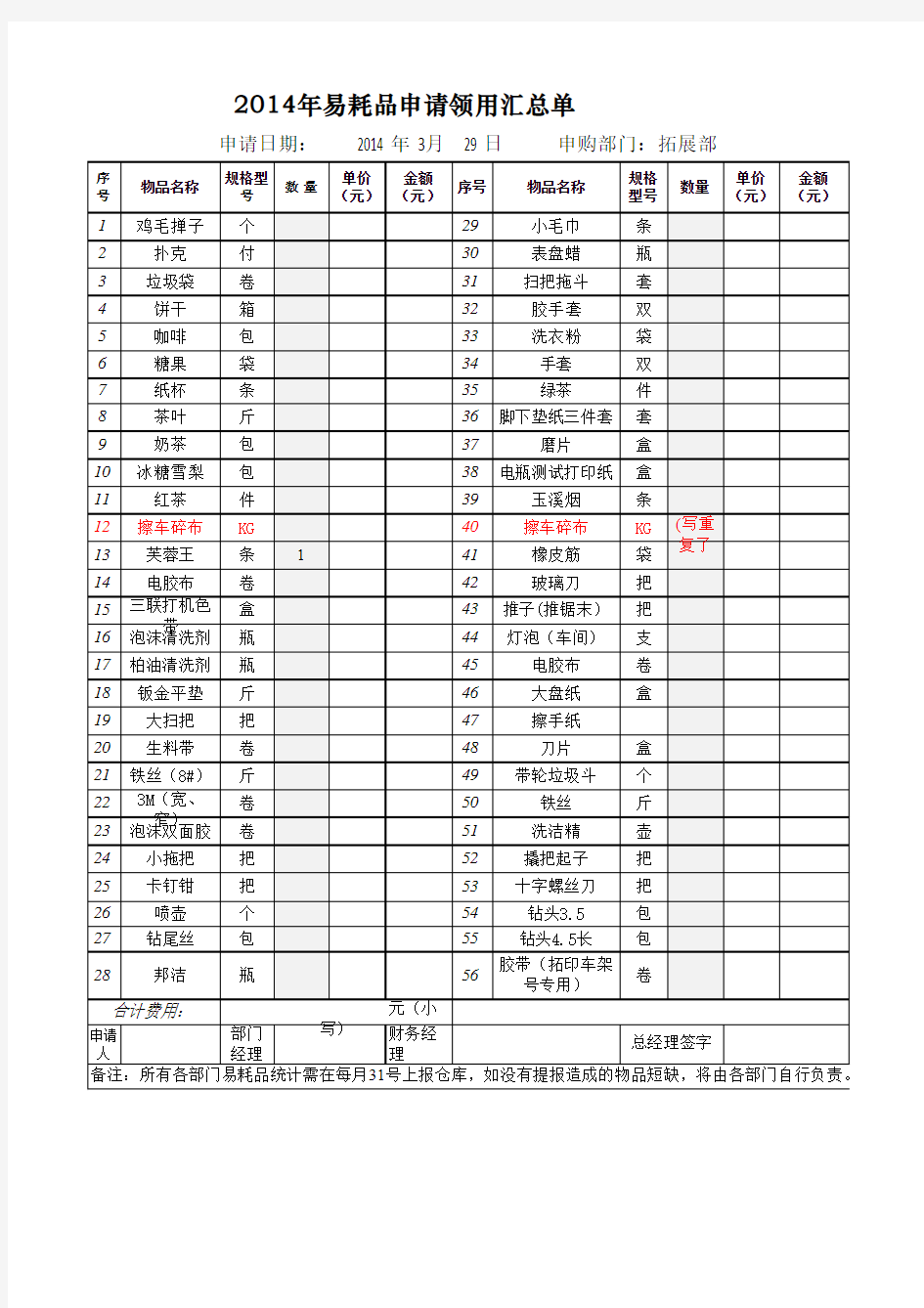 办公用品及易耗品汇总申请表