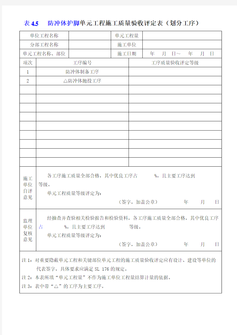 4.5防冲体护脚单元、工序质量评定表